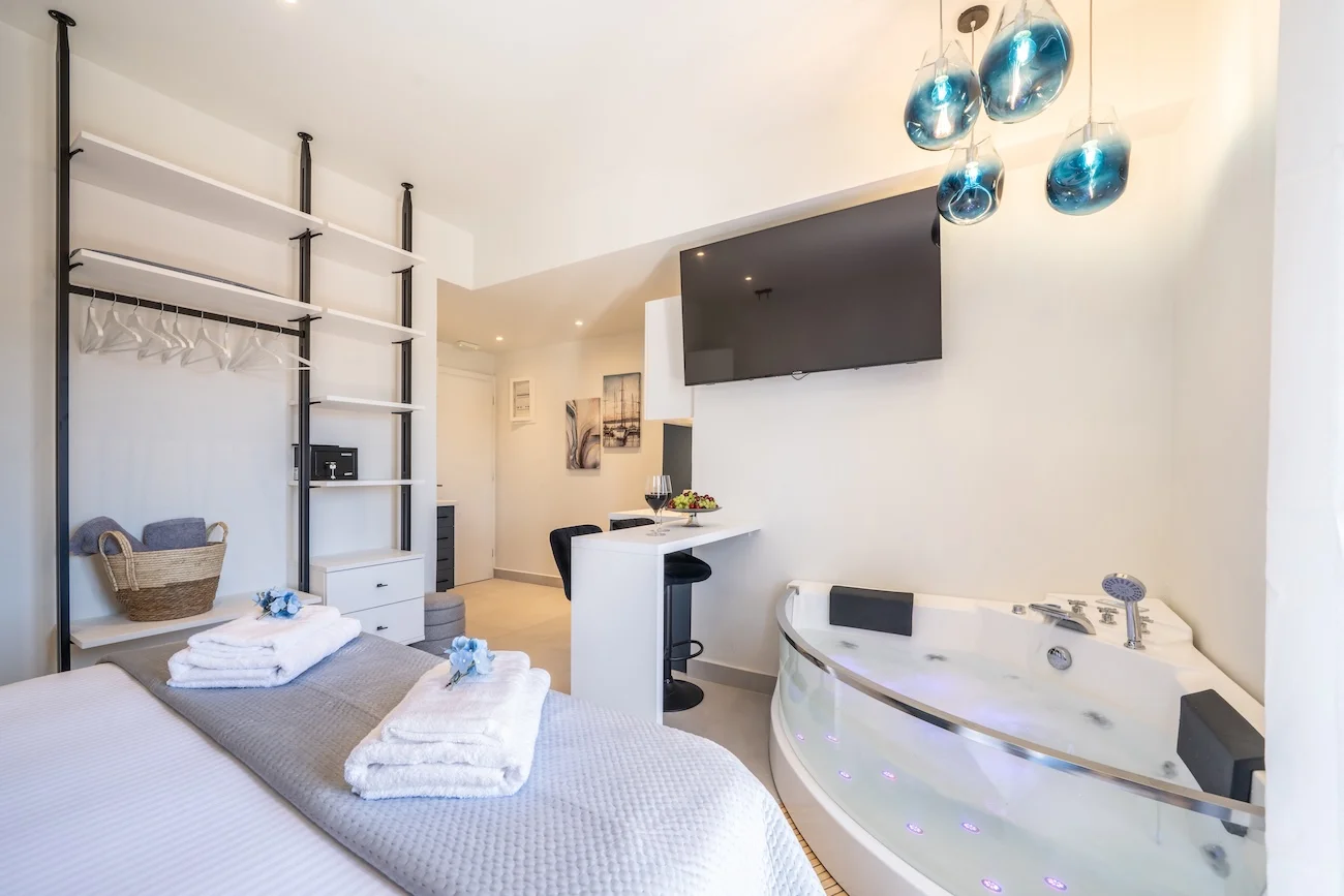 Elegant bedroom interior in Azzura Suite Fiscardo