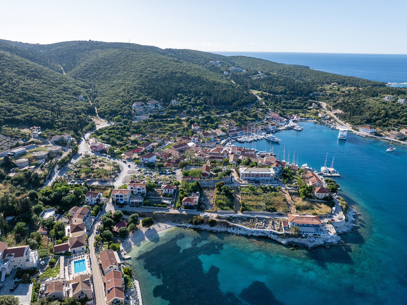 Fiscardo harbour and traditional waterfront village in Kefalonia
